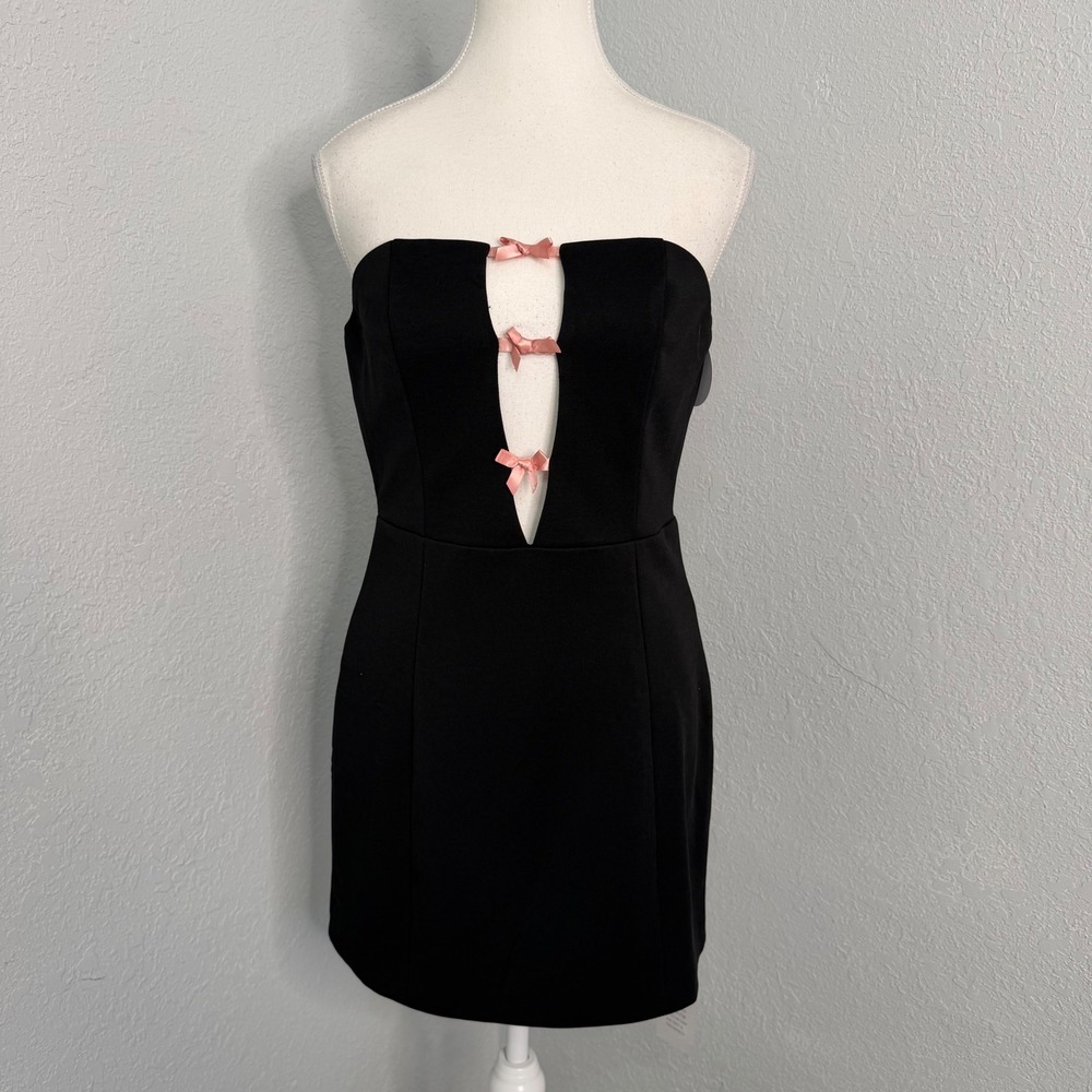 More To Come Black Strapless Bow Detail Mini Dress Cutout Bodycon NWT Size M